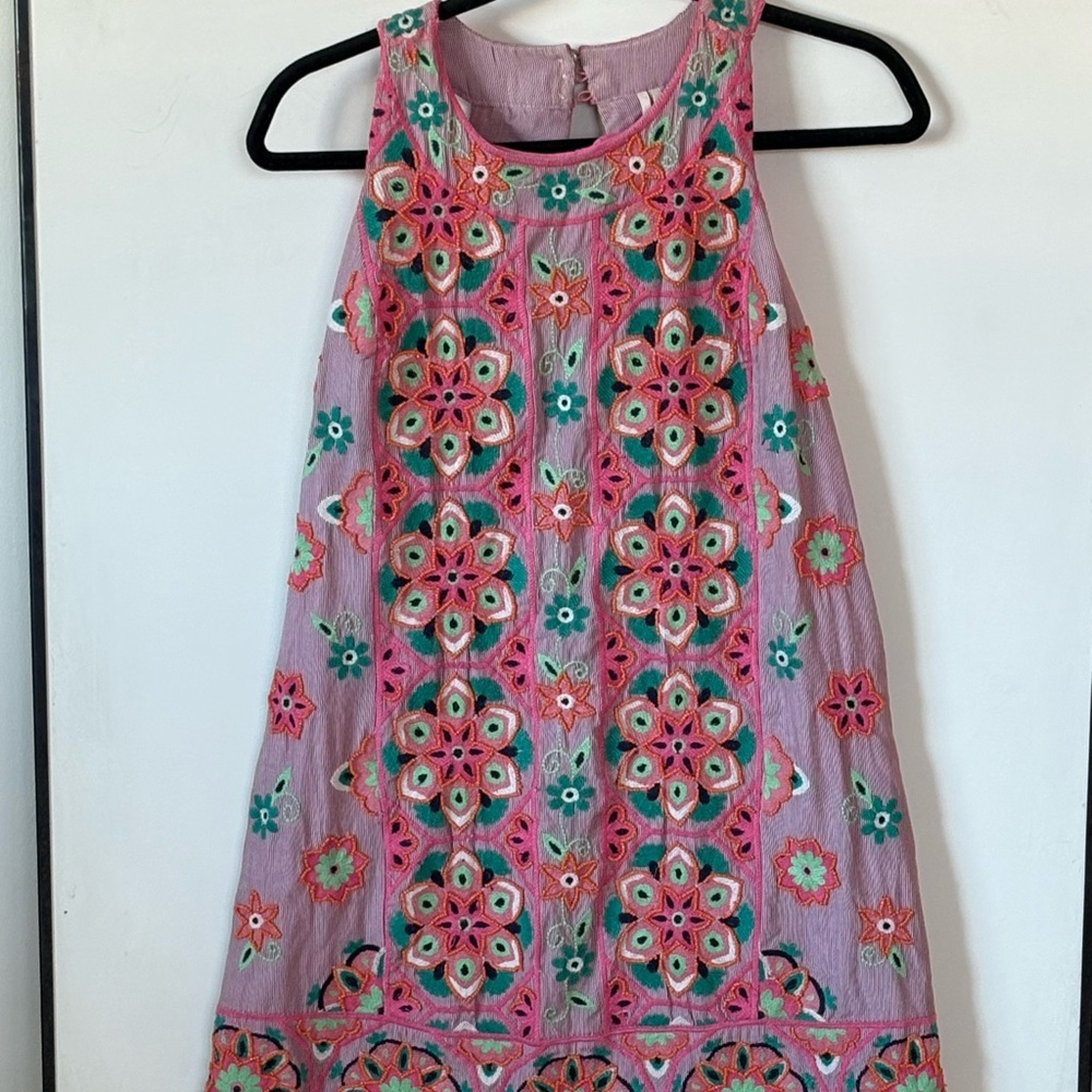 Anthropologie Pink Floral Embroidered Mini Dress